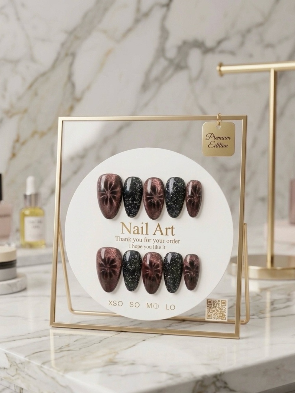 Press-On Nail Set with Shimmering Rose Brown & Black Glitter